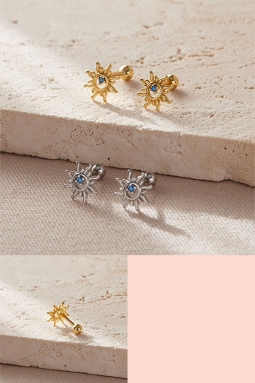 silver and gold plated silver sun shaped cartilage stud earrings with ball back fastenings