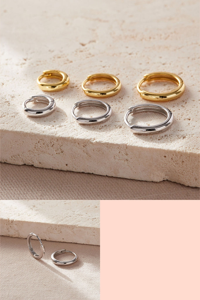 sterling silver minimalist huggie hoop earrings made from S925 sterling silver and gold plated sterling silver. these are available in three sizes, 8mm,10mm and 12mm hoops