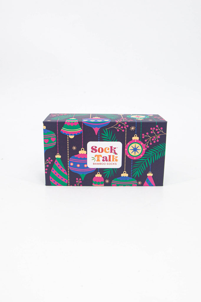 multicoloured sock gift box with a pattern of colourful christmas decorations all over