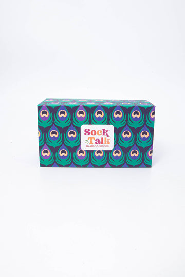 navy blue, turquoise and purple peacock feather pattern sock gift box