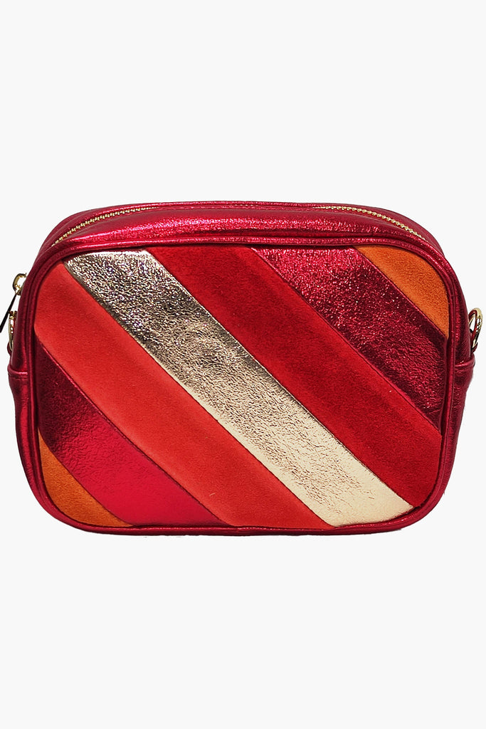 red striped metallic leather crossbody camera bag with gold zip closure