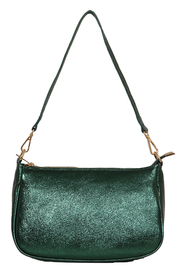 metallic green baguette bag with two detachable straps, long and short