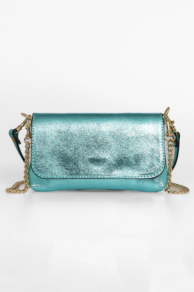 small aqua blue metallic leather bag with a detachable leather handle strap and gold chain strap, the sarta logo is embossed on the front of the bag