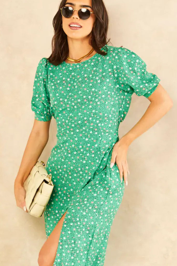 midi-puff-sleeve-tea-dress-green-stars-dots-2