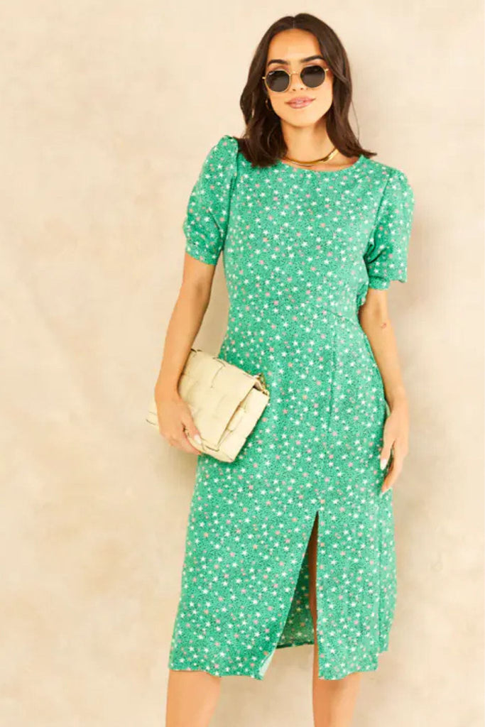 midi-puff-sleeve-tea-dress-green-stars-dots-3