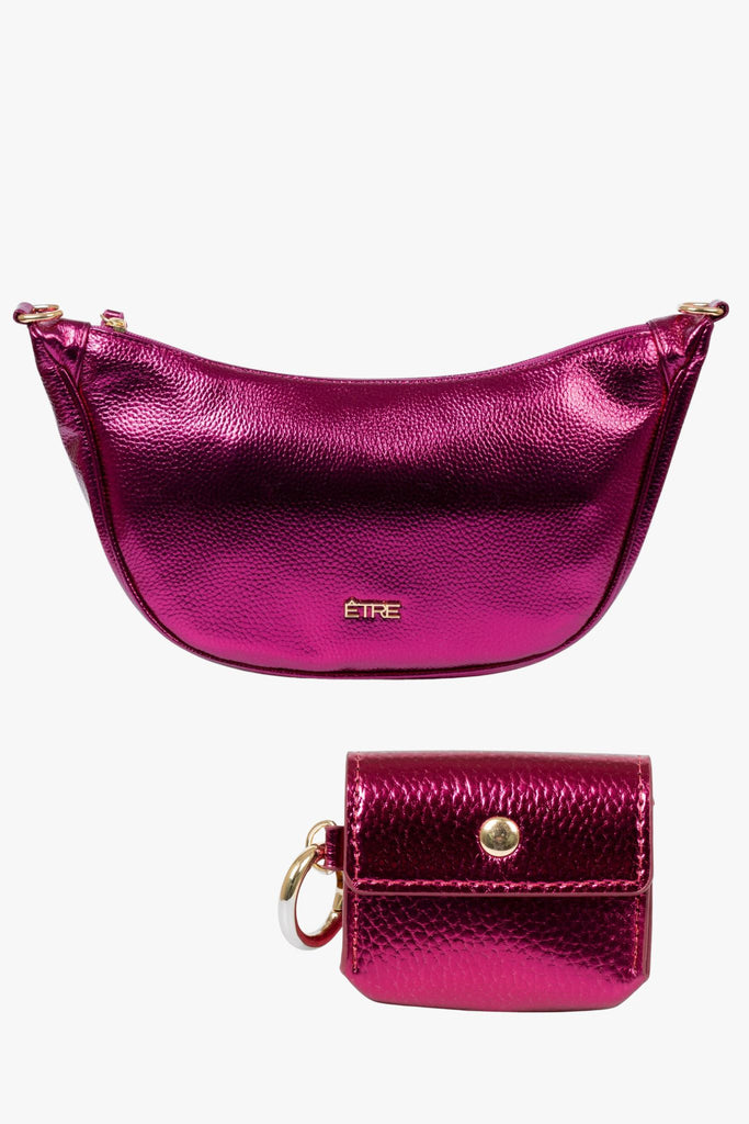 metallic-pink-faux-leather-half-moon-bag-earbuds-case-2-piece-set