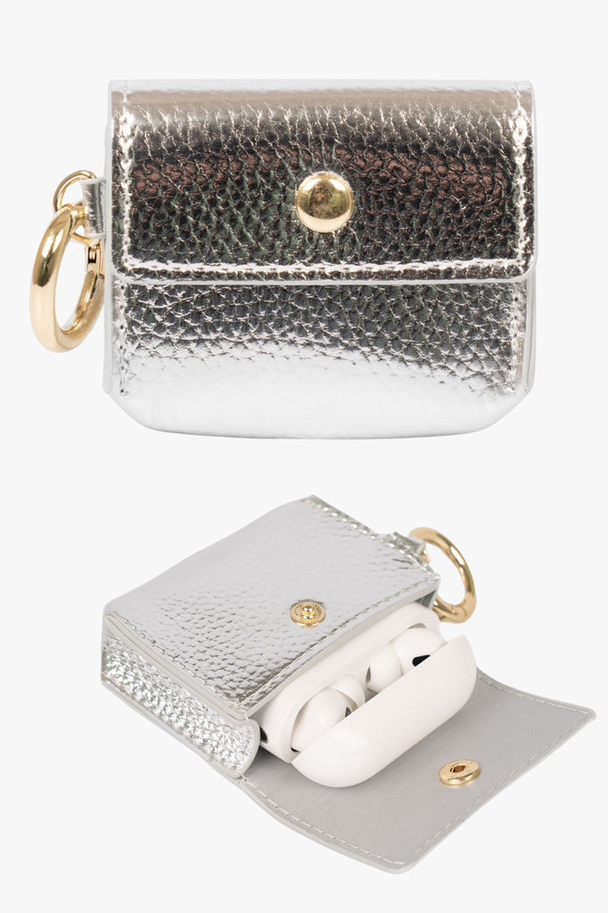 silver-faux-leather-half-moon-bag-earbuds-case-2-piece-set-headphones-pouch