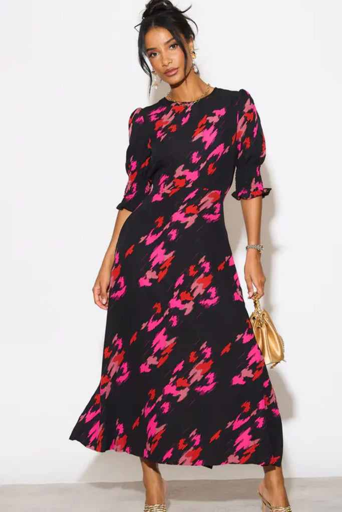 hazel-tea-dress-abstract-animal-print-black-fuchsia-1