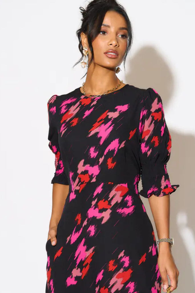 hazel-tea-dress-abstract-animal-print-black-fuchsia-2