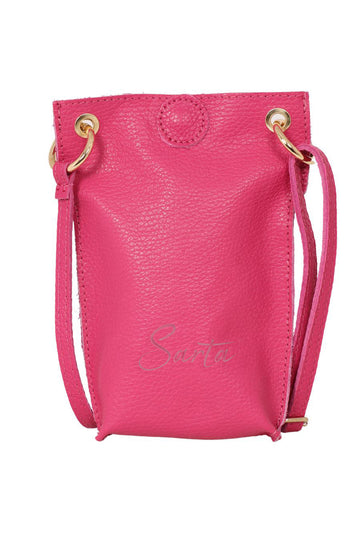 pink italian leather crossbody phone bag with snap closure