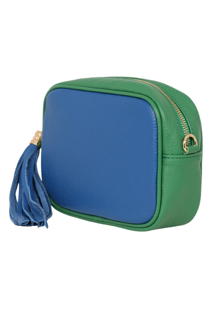close up of the green and blue two tone crossbody leather camera bag