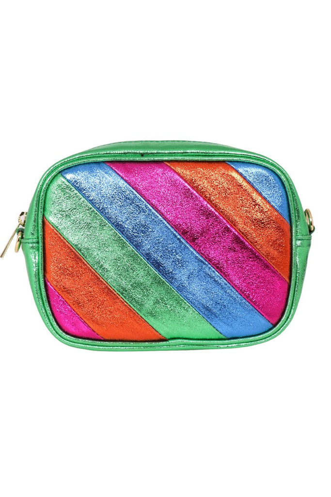 multicoloured stiped crossbody camera bag with green metallic shimmer around the sides