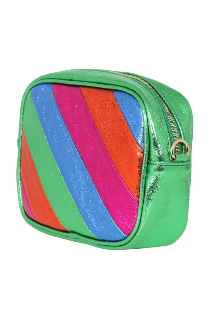 closup of the green, blue, orange and pink metallic stripe pattern
