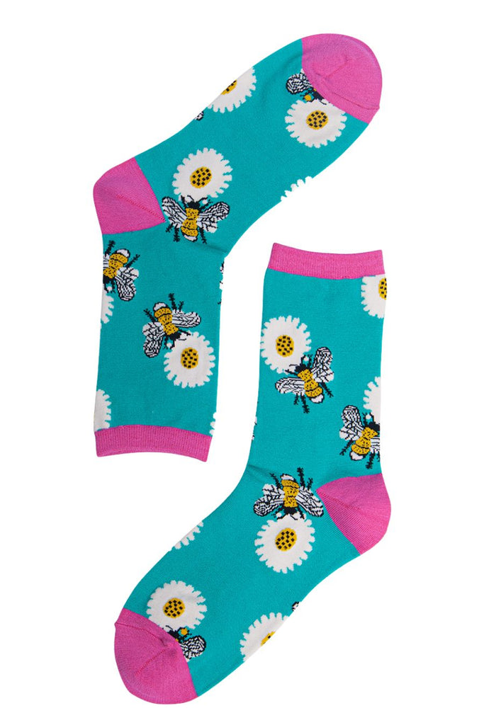 turquoise and pink ankle socks with an all over bee and floral print pattern