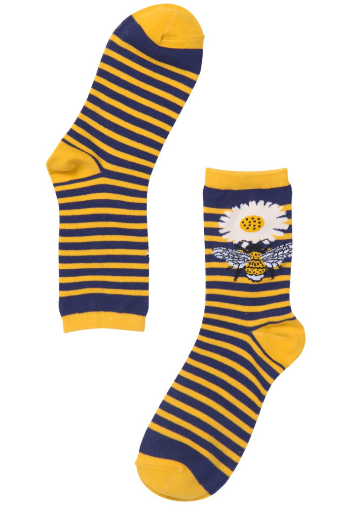 yellow and blue striped bamboo socks with a flower and bee emblem on the ankle