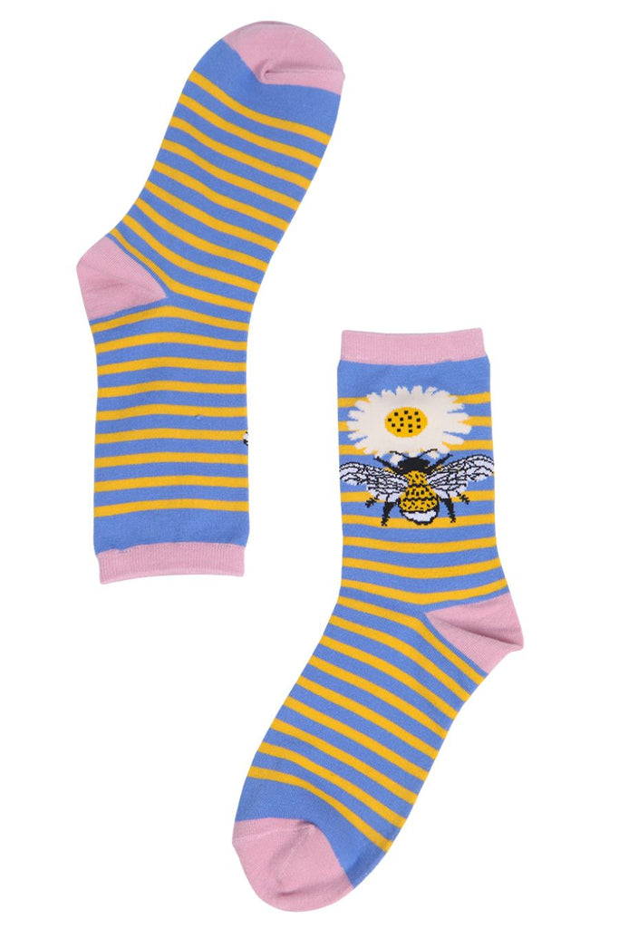 yellow and blue striped bamboo socks with a flower and bee emblem on the ankle