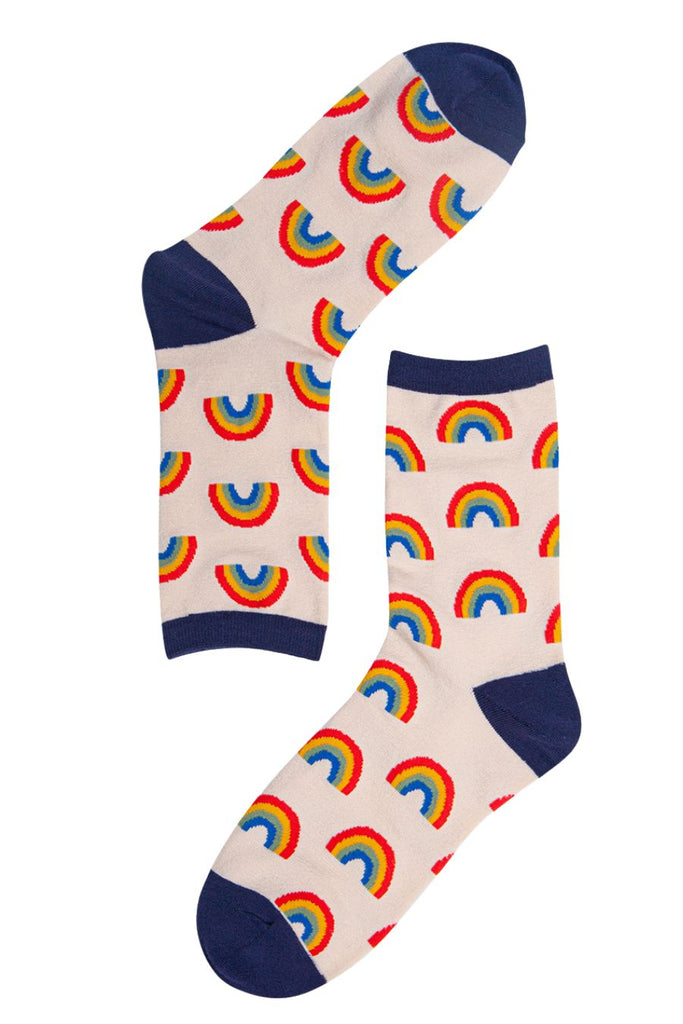 close up of the multicoloured rainbow pattern socks