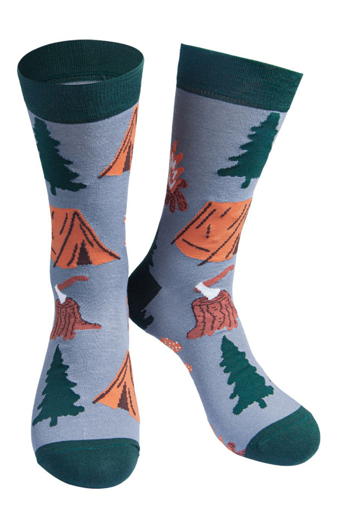 grey socks with green heel, toe and cuff with a patten of campfire, tents and trees