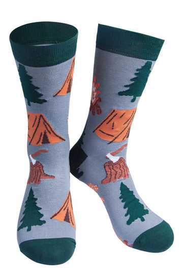 grey socks with green heel, toe and cuff with a patten of campfire, tents and trees