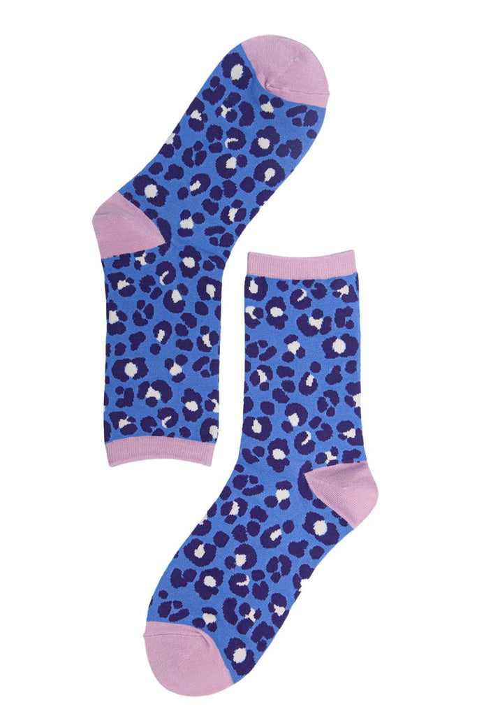 all over blue and pink leopard print bamboo ankle socks