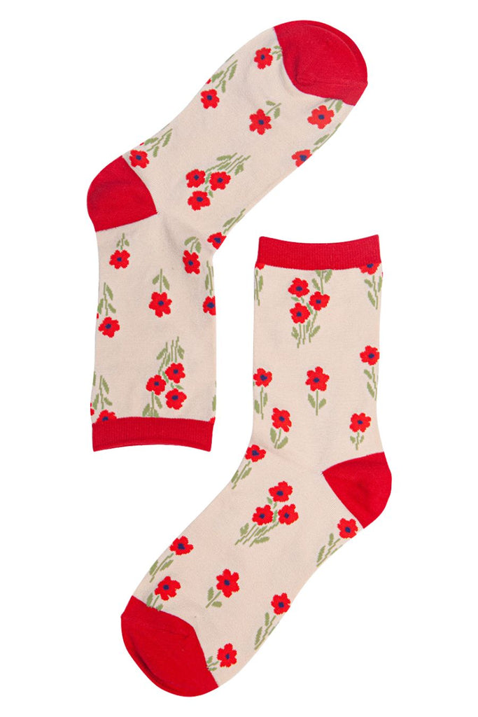 cream and red wildflower pattern socks