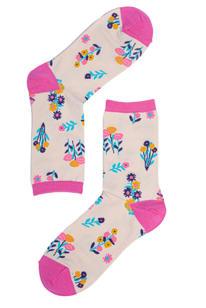 cream and pink multicoloured wildflower pattern socks