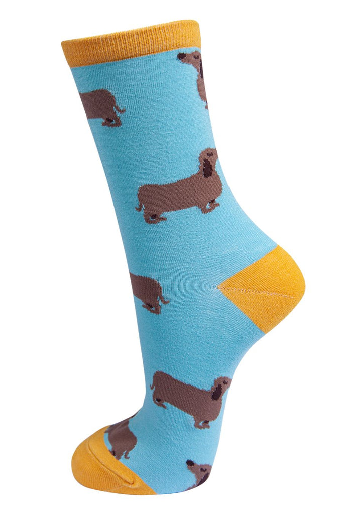 electric blue socks with yellow heel, toe and cuff with a pattern of beige sausage dogs all over