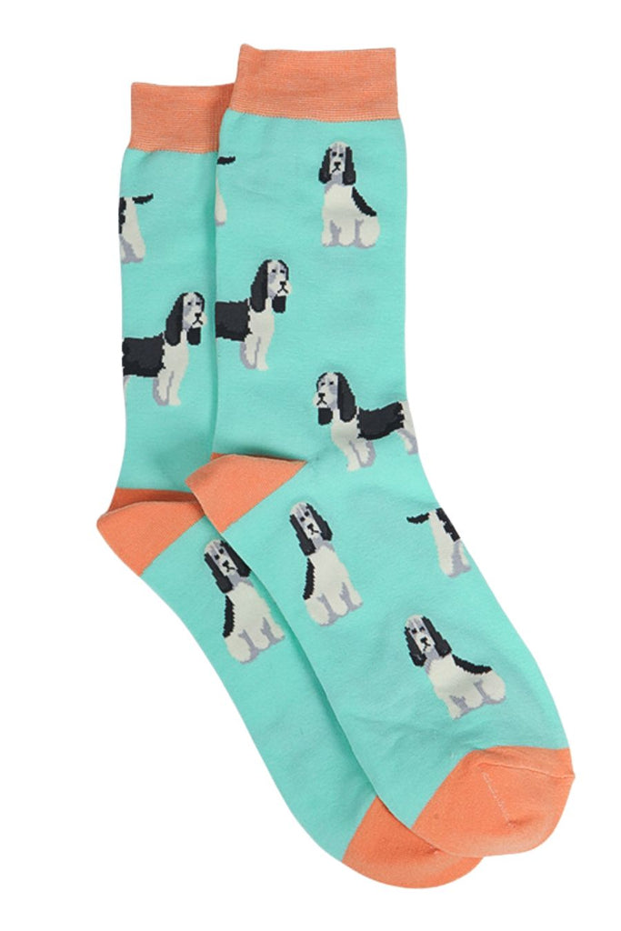 light green socks with an all over pattern of springer spaniel dogs