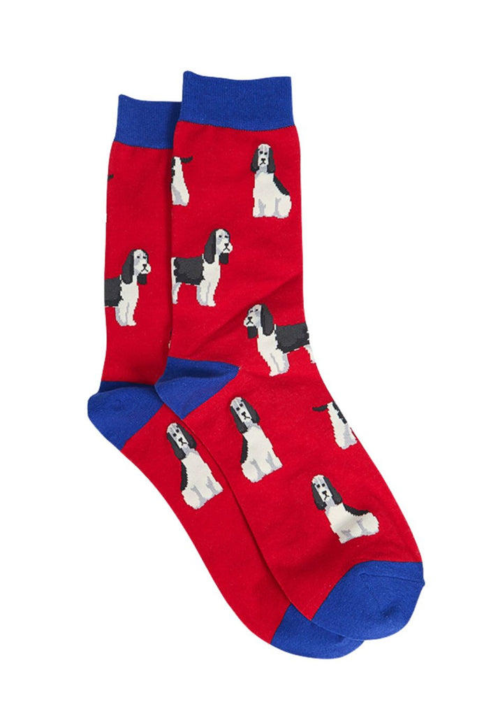 red socks with an all over pattern of springer spaniel dogs