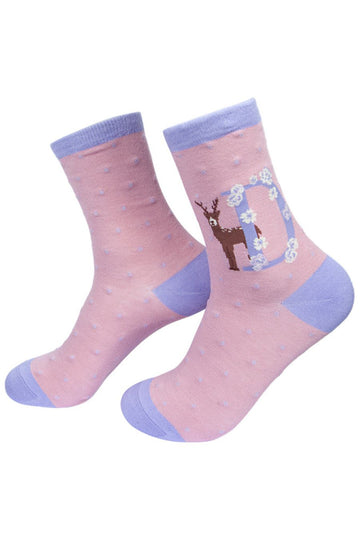 pink socks with a large letter d, a deer and a floral pattern on the ankle