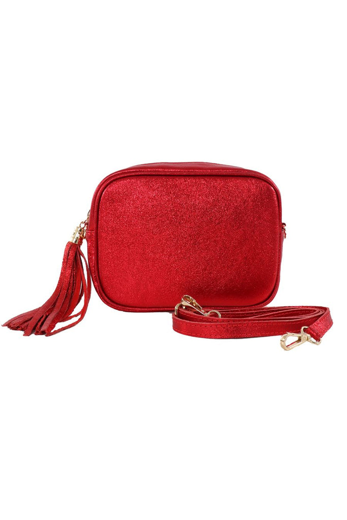 scarlet red metallic crossbody leather camera bag with detachable bag strap