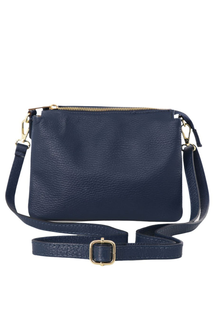 navy blue pebbled leather crossbody bag with zip closure and a detachable adjustable strap