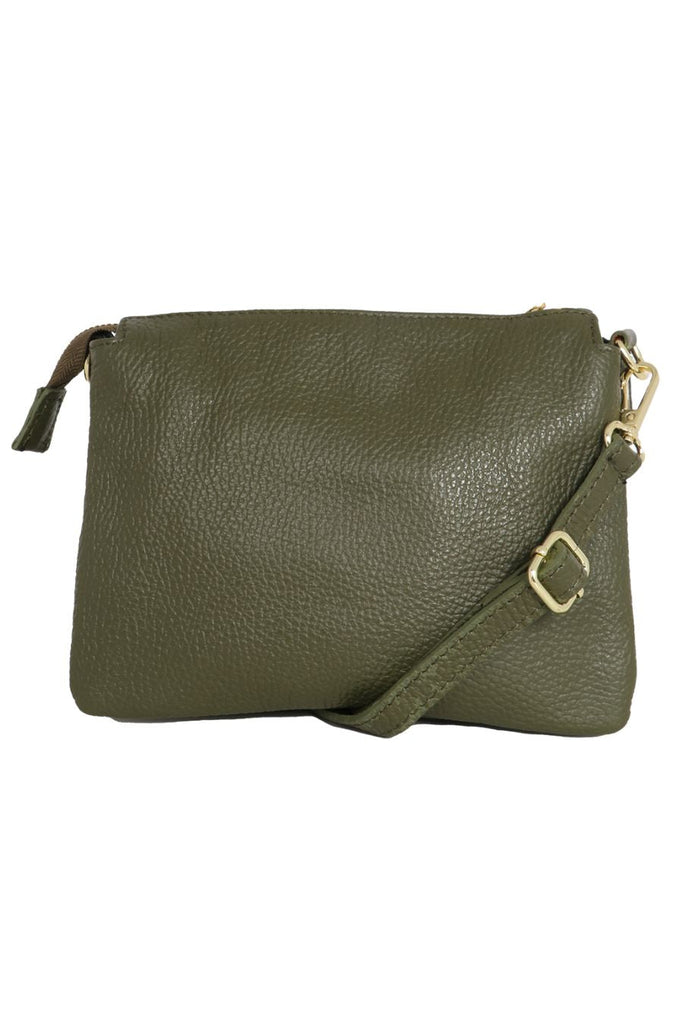 khaki green pebbled leather crossbody bag with zip closure and a detachable adjustable strap