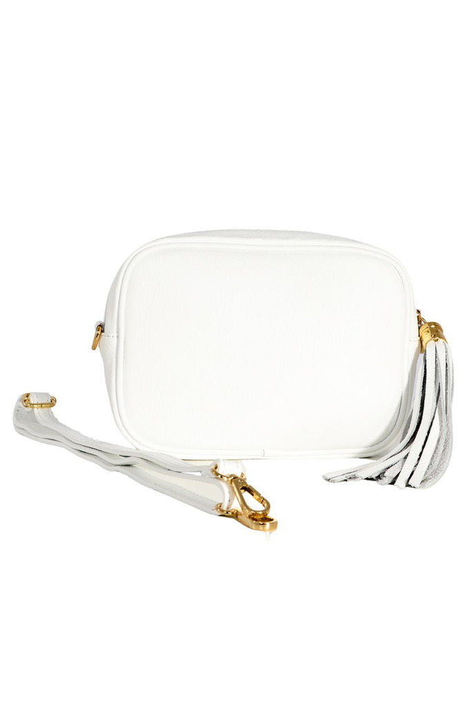 white pebbled leather crossbody camera bag with detachable bag strap and gold hardware