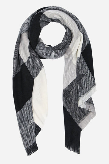 black white and grey check pattern scarf with an all over star print
