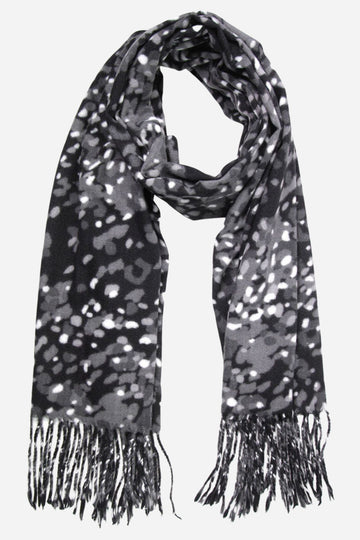 black and grey mottled animal print pattern winter scarf with tassle trim