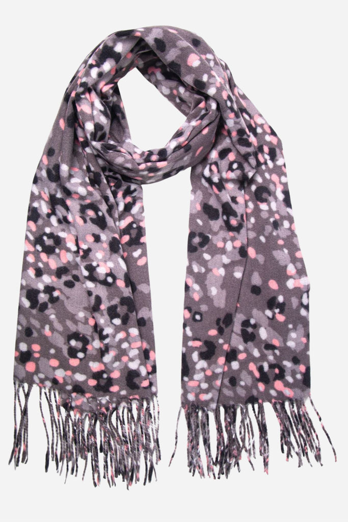 grey and pink animal print winter heavyweight blanket scarf with a tassel trim edge