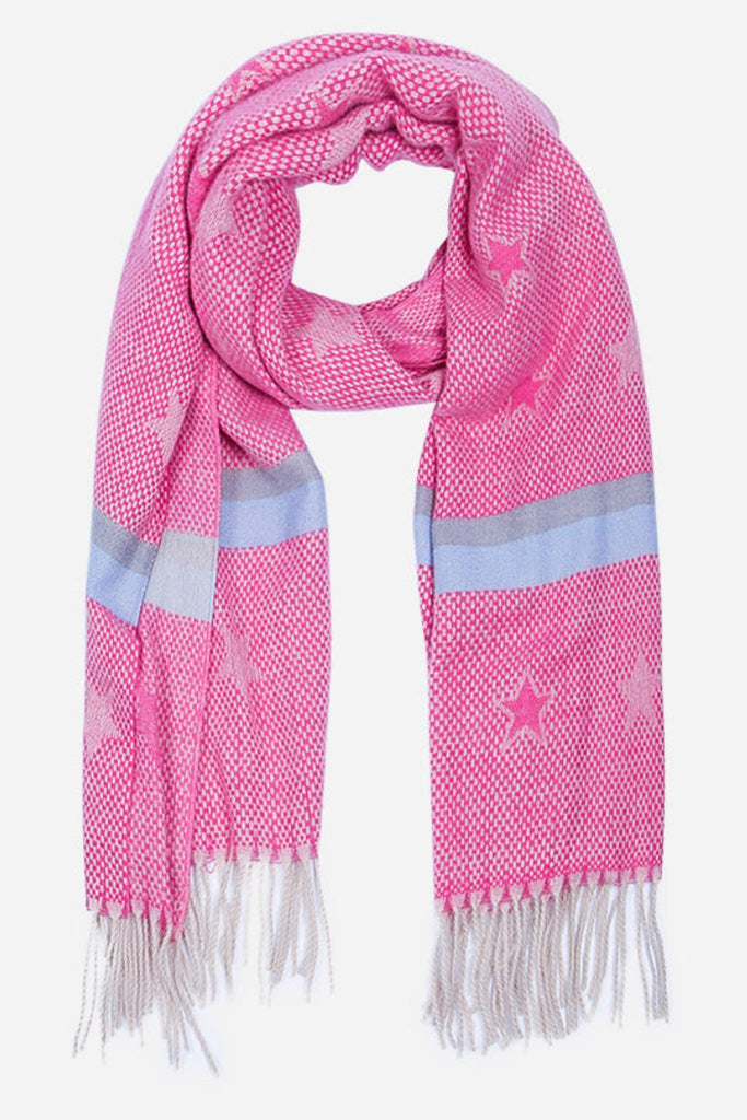 fuchsia pink blanket scarf with a star print pattern and blue, grey horizontal stripes 