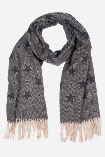  grey blanket scarf with an all over repeating star print pattern