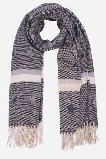 grey winter scarf with a star pattern with two horizontal stipes in grey and white