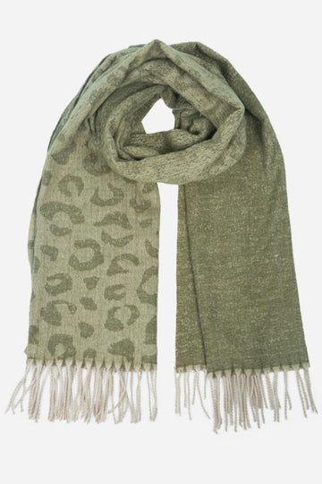 khaki green leopard print winter scarf with tassel trim