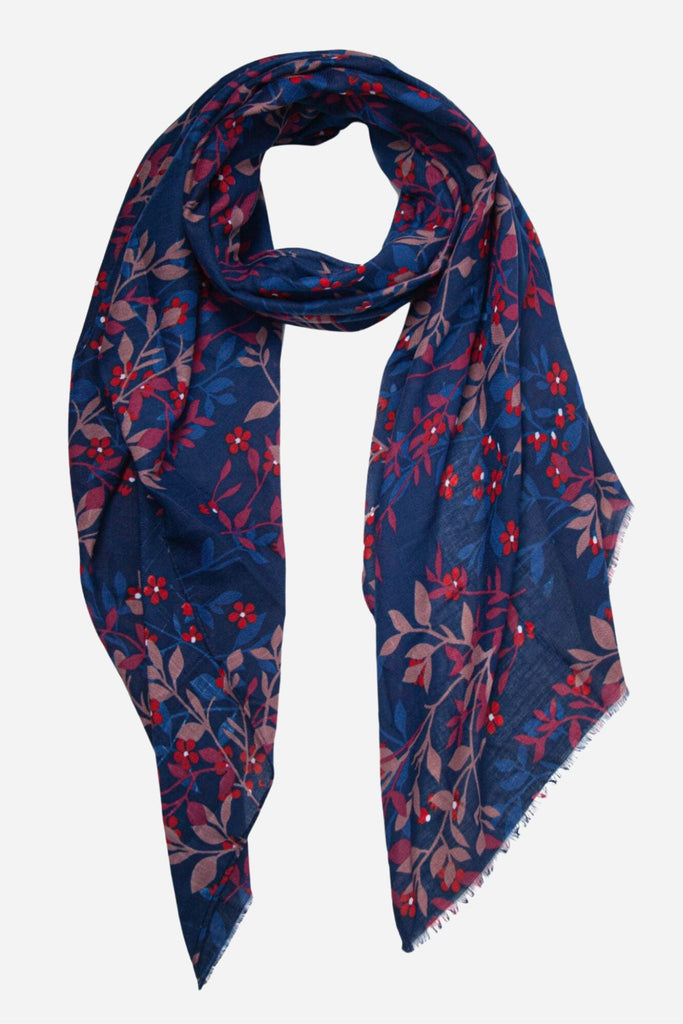 navy blue and red floral and vine print lightweight scarf