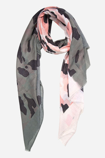 khaki green and pink ombre lightweight scarf with a grey colour blot abstract pattern