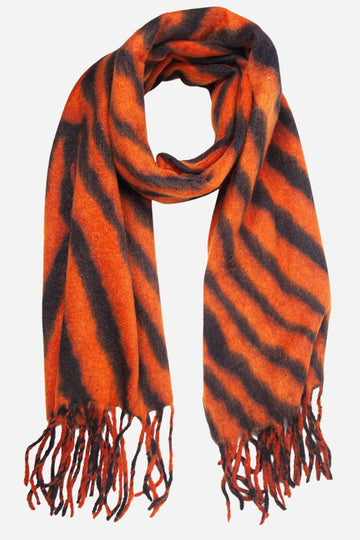 orange tiger stipe winter scarf with tassle trim