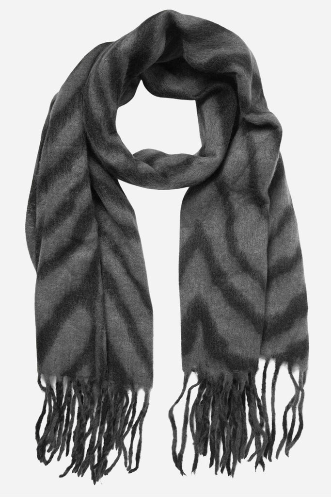 grey winter scarf with an all over tiger stripe pattern and tassel trim 