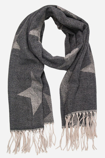 black winter blanket scarf with grey ombre star print pattern