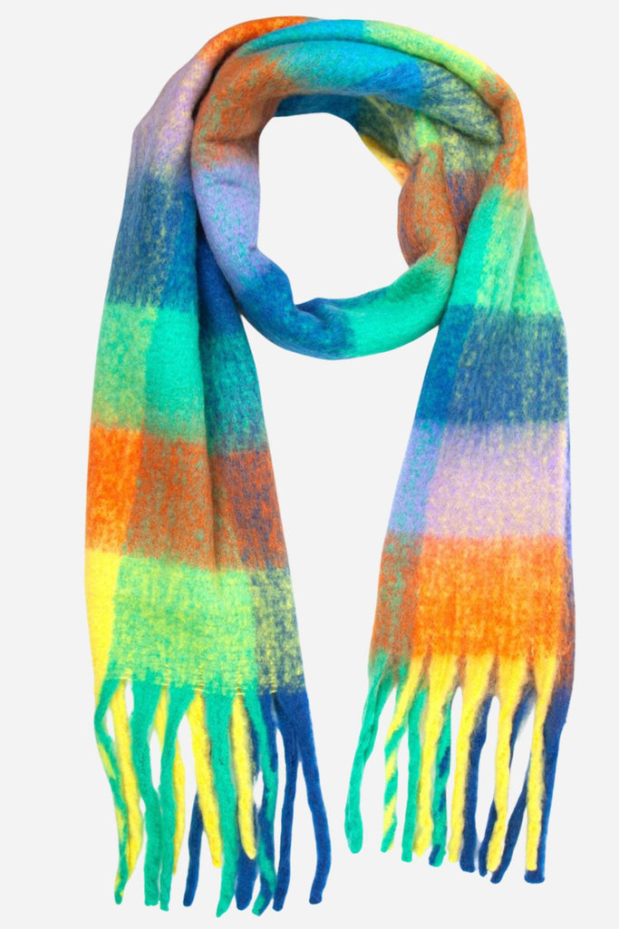 multicoloured winter scarf with a colourful check colourclock pattern with tassel trim