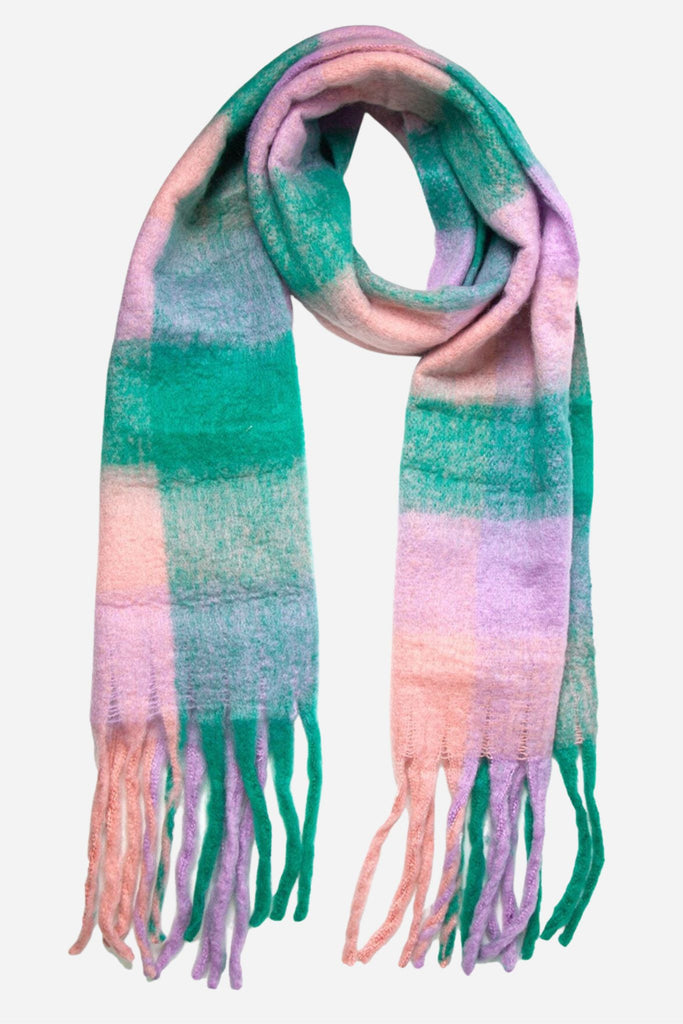 green and lilac check pattern winter blanket scarf with tassel trims