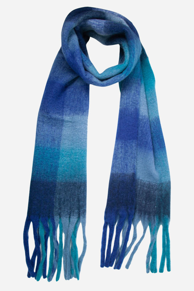 blue check pattern winter blanket scarf with tassels