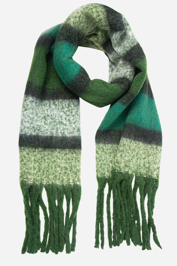 green striped winter blanket scarf with tassel trim